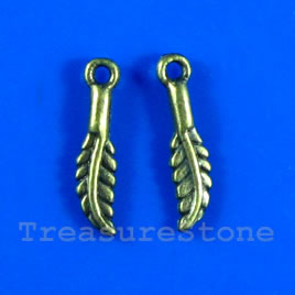 Pendant/charm, brass-finished, 14mm feather. Pkg of 15